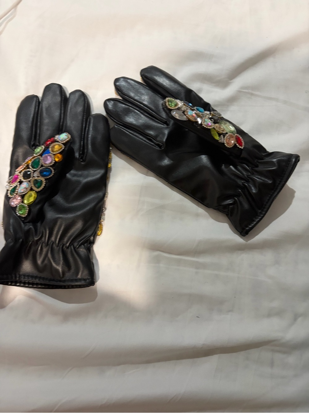 AKIRA Black Jeweled Leather Gloves with Multicolor Gems - Picture 3 of 7